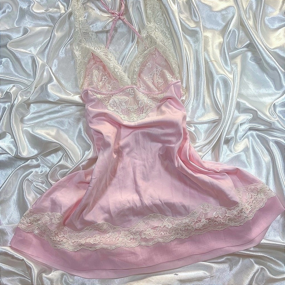 y2k Nightgown Pink Excellent Cassandra Intimates Lace Trim Satin Slip Dress
